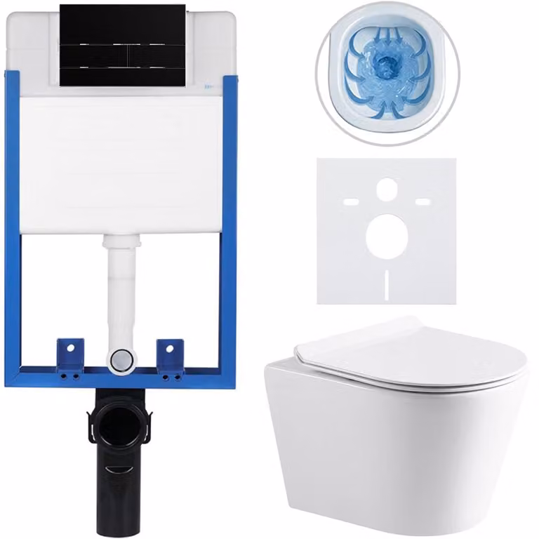 CERANO Complete inbouwtoiletset Lite/Norbi - Wit glanzend met mat zwarte Toiletknop Line - 48,5 x 36,5 cm