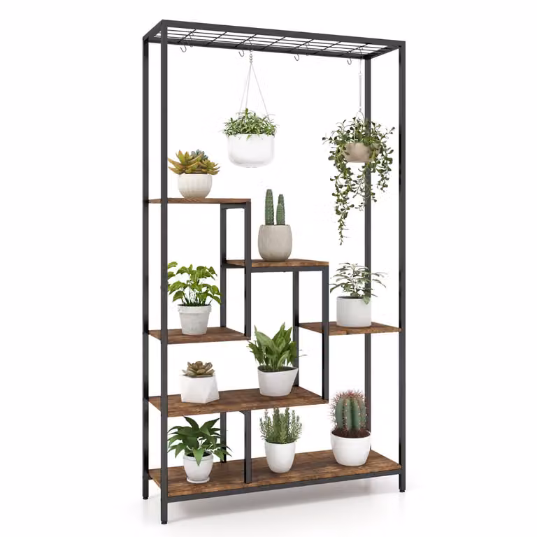 Costway Metalen Plantenrek 6 Etages met 10 S-haken en Roosterplanken, Bruin, Hoogte: 180 cm
