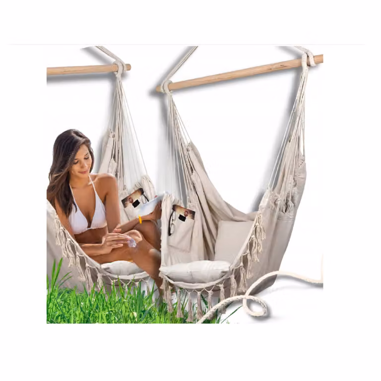 QLS Hangstoel in boho-stijl met 2 kussens, beige, 130 x 100 cm