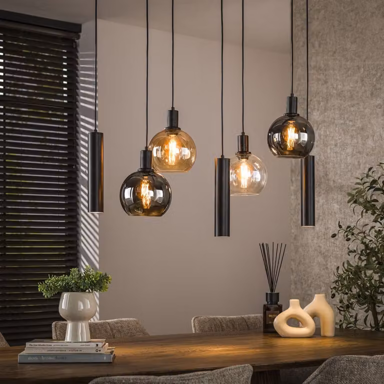 Lyora Eettafel hanglamp Sfera met glazen bollen en pendels - Zwart/Transparant