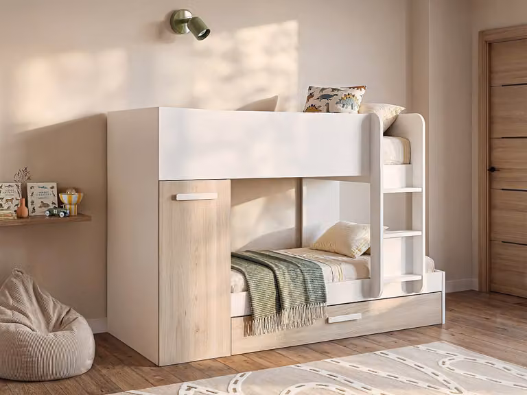 Vente-unique Stapelbed voor kinderen met opbergruimte en lades, Wit en Beige, 90 x 190 cm