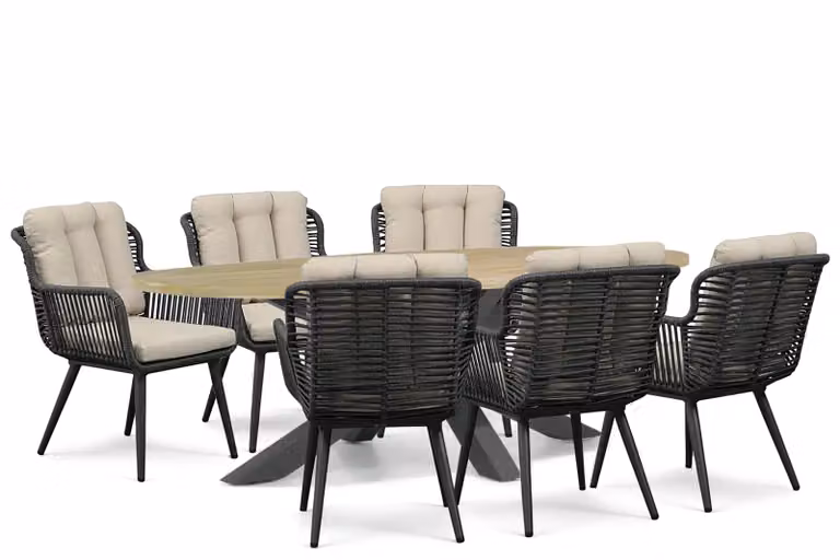 Coco Custa 7-delige moderne tuinset met ovale polyrattan tafel en 6 stoelen in grijs, antraciet en beige, B/D/H: 240 x 120 cm