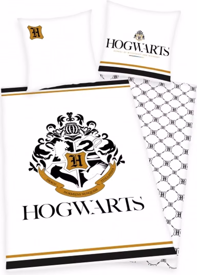 Herding Harry Potter dekbedovertrek voor eenpersoonsbed met Hogwarts design en goudkleurige details, Dekbedovertrek: 135 x 200 cm, Kussensloop: 80 x 80 cm