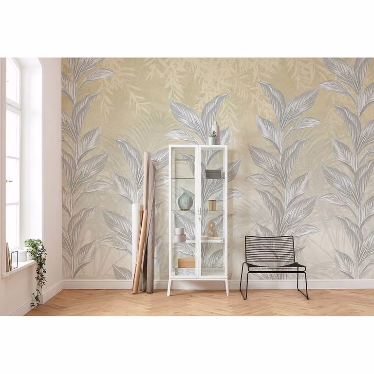 home24 Vlies-fotobehang Spring Frost, Modern Bloemenmotief, Grijs, Geel, Beige, Breedte: 350 cm, Hoogte: 250 cm