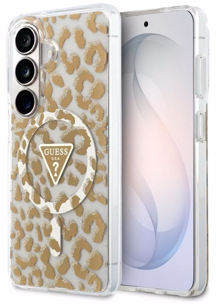 Guess telefoonhoesje met luipaardprint en driehoekig design voor Samsung Galaxy S26, MagSafe compatibel, bruin