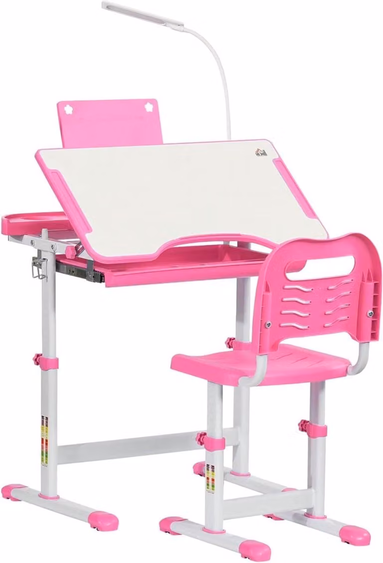 Bureau en stoel set voor kinderen inclusief USB lamp, verstelbaar en met kantelbaar blad, B/D/H: 70 x 50 x 80-105 cm