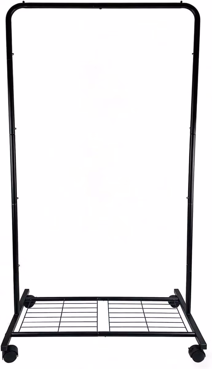 Zwart kledingrek met plank en wielen voor slaapkamer of inloopkast, H x B x D: 150 x 73 x 43 cm