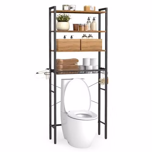 VASAGLE Toiletplank met verstelbare planken en 3 haken, Vintage Bruin, H x B x D: 173 x 60 x 24 cm