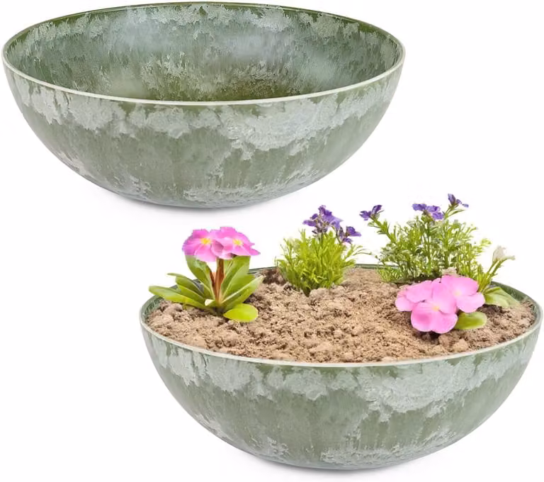 Set van 2 decoratieve plantenbakken voor buiten - Groen gemarmerd - Diameter: 20 cm