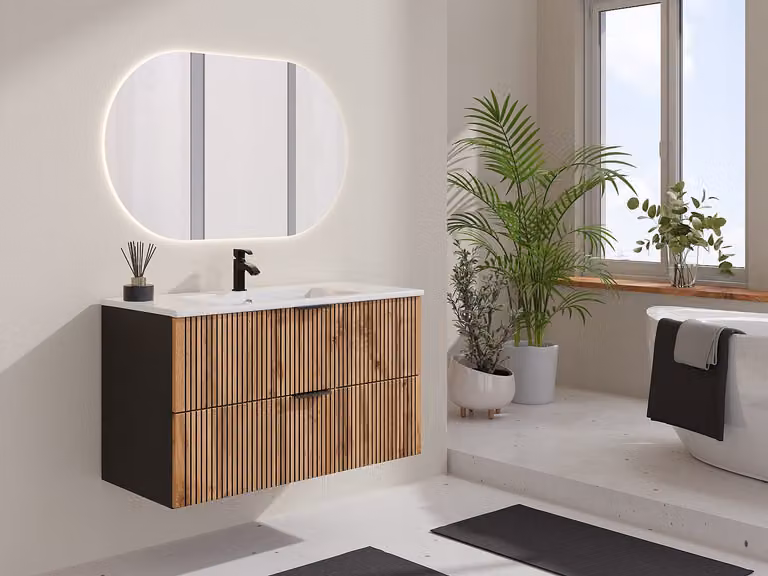 MADELA Hangmeubel voor badkamer met inbouwwastafel, Licht naturel en zwart, Breedte: 100 cm