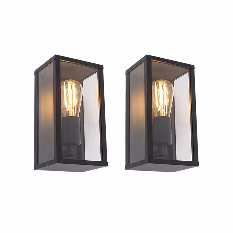 Set van 2 Qazqa Industriële Wandlampen Zwart IP44 met Transparant Glas
