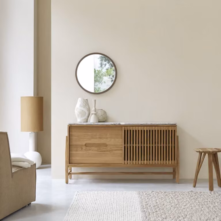 Tikamoon Isaure Buffetkast van massief FSC-teakhout en terrazzo - Bruin - B: 140 cm, D: 55 cm, H: 75 cm