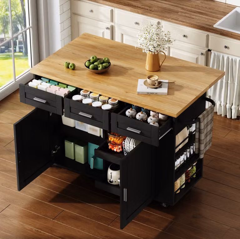 WUVRIE Mobiel keukeneiland met klapbaar blad, 3 lades en stopcontacten, Naturel/zwart, B/D/H: 120 x 45(70) x 84 cm