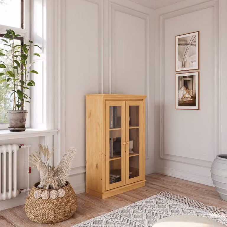 home24 Houten kast met glasdeur, Bruin, Grenenhout, B: 119 cm, D: 37 cm, H: 74 cm