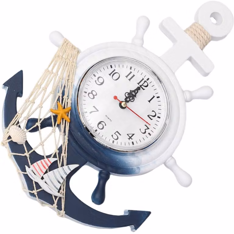 Analoge Wandklok met Stil Uurwerk en Maritiem Stuurwiel Design in Blauw en Wit