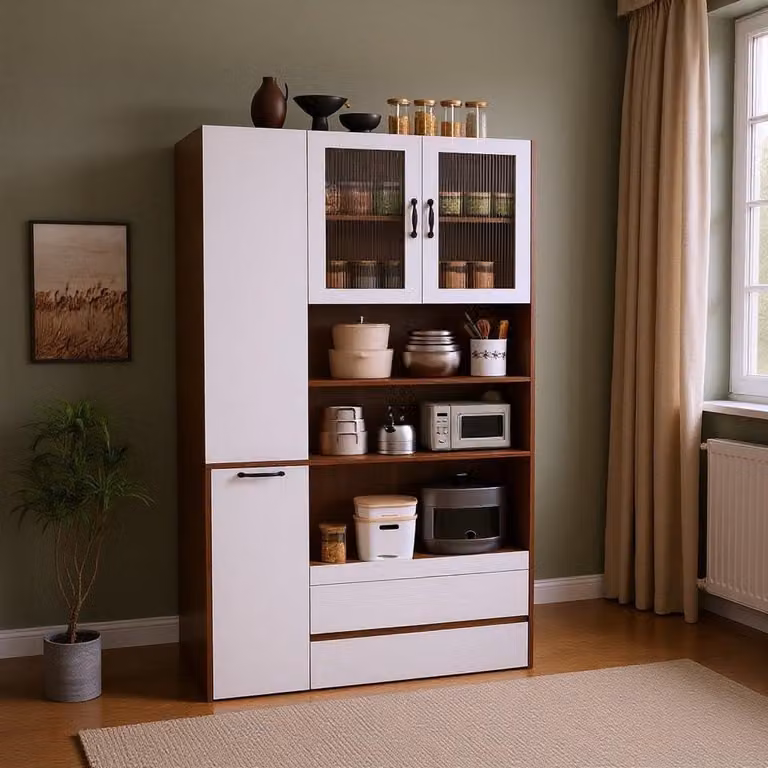 Keukenkast Highboard Buffetkast Dressoir met Ribbelglas Laden in Wit Walnoot B/D/H: 100 x 40 x 200 cm