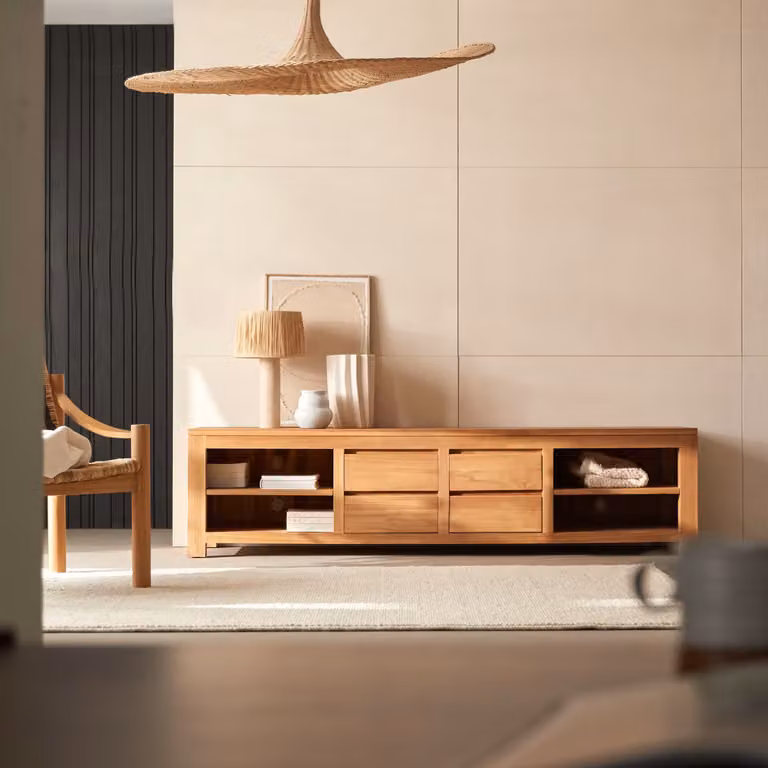 Tikamoon Tv-meubel van massief teakhout - Bruin/Beige - B: 200 cm, D: 50 cm, H: 50 cm