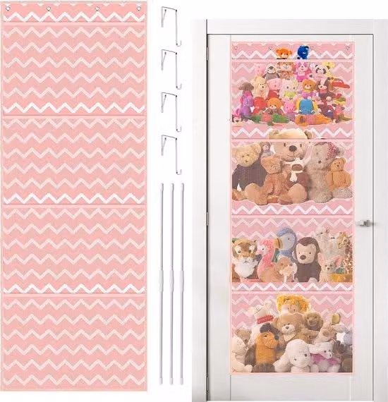Roze textiele opbergdoos met 4 vakken en mesh voor de kinderkamer