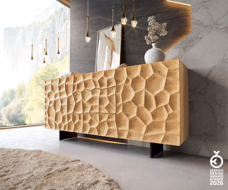 DELIFE Dressoir Solu Natuur Eiken en Zwart, 175 cm, 2 Deuren en 3 Laden met Zwevend Metaal Onderstel