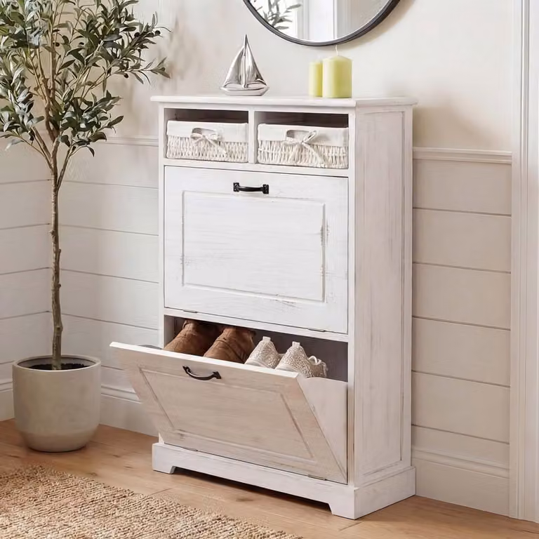 Schoenenrek met manden en lades in hout en rattan voor de hal, Wit, B/D/H: 100 x 60 x 24 cm