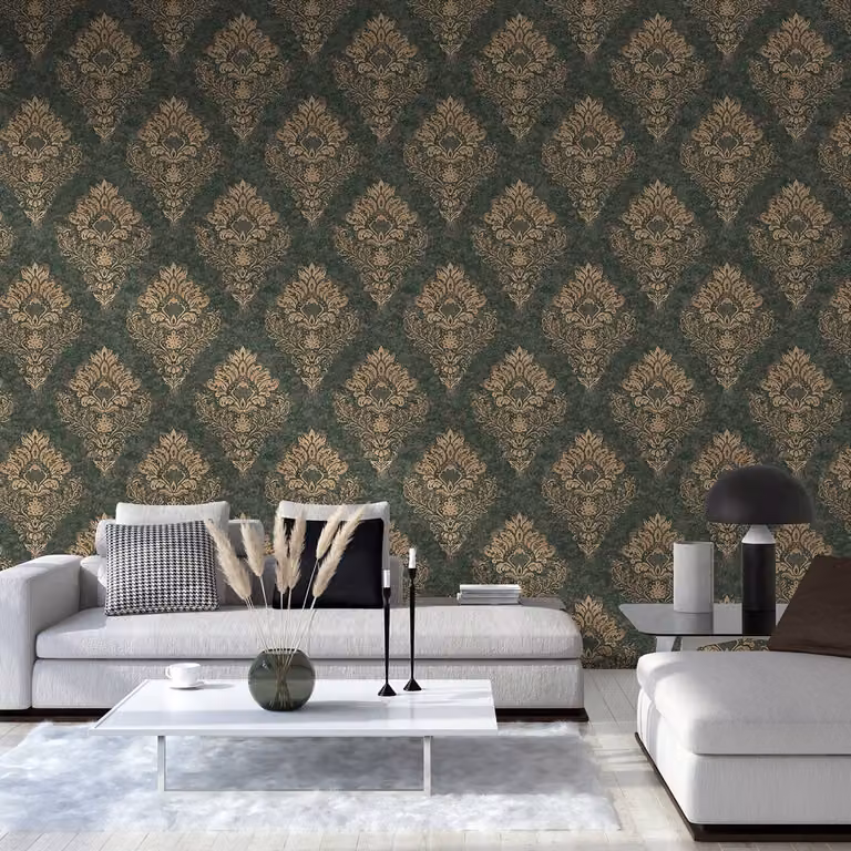 home24 Vliesbehang Alena Barock Ornament groen/goudkleurig Breedte: 53 cm, Lengte: 1005 cm