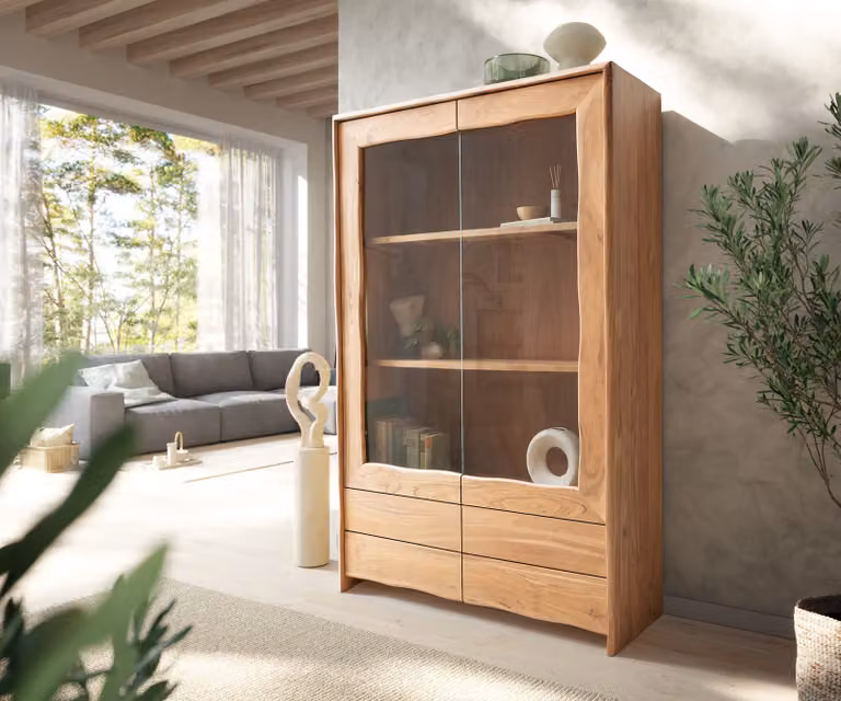 DELIFE Vitrinekast Live-Edge Acacia Natuur Bruin Massief Hout met Glazen Deuren en 4 Laden B: 120 cm, D: 45 cm, H: 190 cm