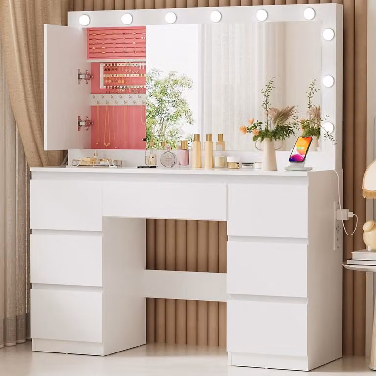 Glamour Luxe Hollywood Kaptafel met LED Verlichting, Spiegel en 7 Lades, B/D/H: 120 x 40 x 140 cm