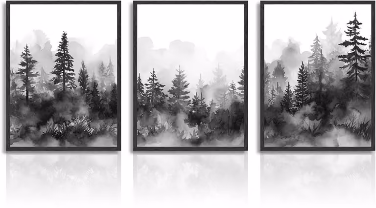 Dailygoods Set van 3 Canvas Wanddecoratie - Zwart/Wit Boslandschap - 30,5 x 40,6 cm