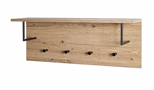 HAKU Kapstoklijst Licht Eiken en Zwart, Moderne Wandkapstok met 4 Haken, Kledingstang en Hoedenplank, B: 80 cm, H: 30 cm, D: 20 cm