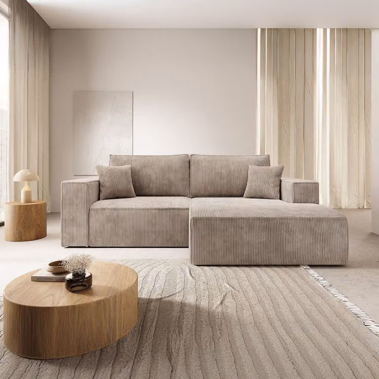home24 Poppy Hoekbank met slaapfunctie, beige corduroy, chaise longue rechts, B: 240 cm, D: 85 cm, H: 167 cm