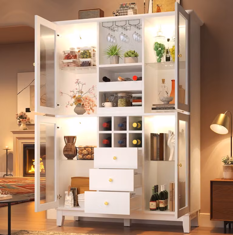 DESMIU Wijnkast met appgestuurde LED-verlichting en 3 laden, Wit, B/D/H: 120 x 40 x 180,5 cm