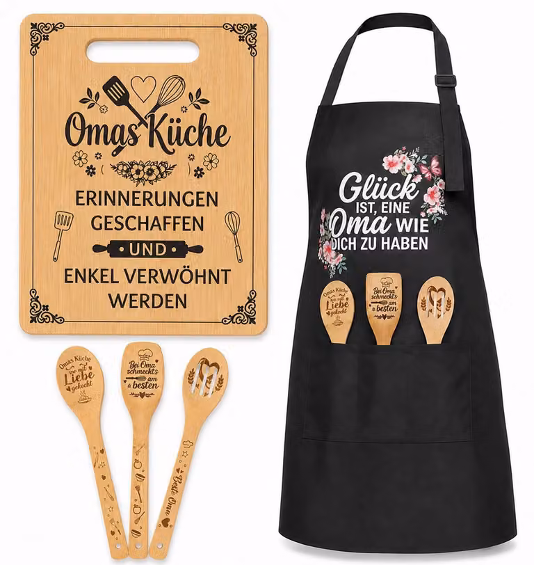 Dripio Grootmoeder-geschenkset met bamboe snijplank, 3 accessoires en een schort voor volwassenen