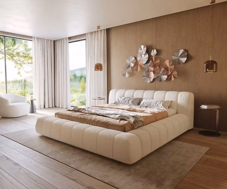 DELIFE Gestoffeerd bed Cutio Bouclé beige wit 180x200 cm