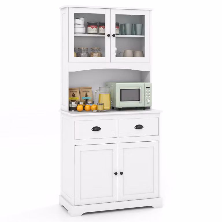 Costway Modern Dressoir met Opzetstuk en 4 Glazen Deuren, Wit, Hoogte: 170 cm