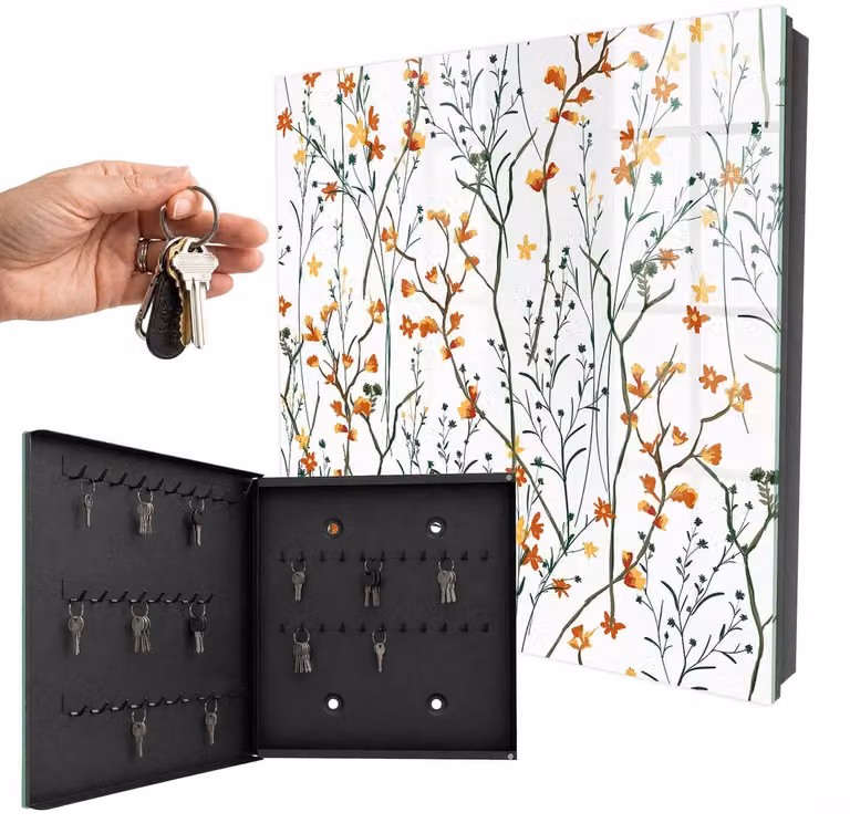 WallMuralia Sleutelkast met bloemenpatroon en 50 haken, Wit, B/D/H: 30 x 30 x 5 cm