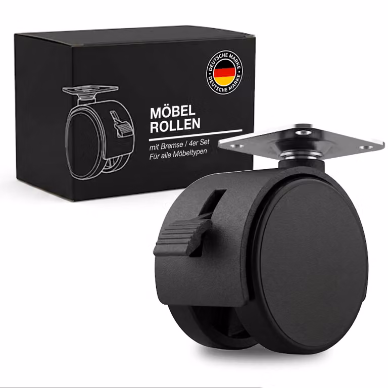 K-Möbel Meubelrollen met rem, set van 4, zwart, 40 mm