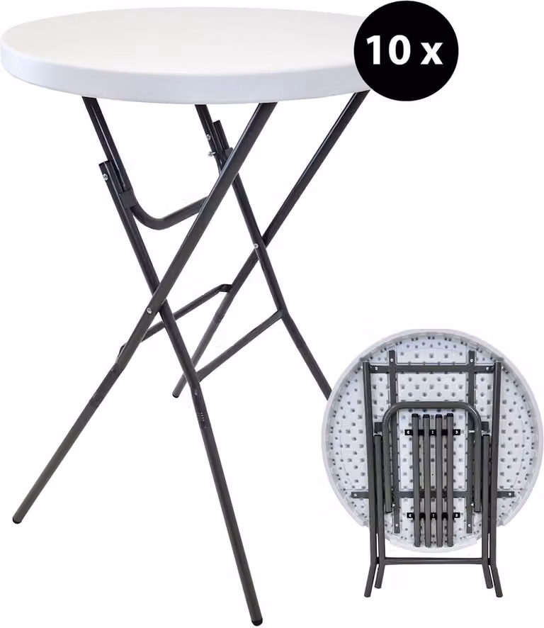 Set van 10 inklapbare TRUTZHOLM bartafels met wit stalen frame, Diameter: 80 cm, Hoogte: 110 cm
