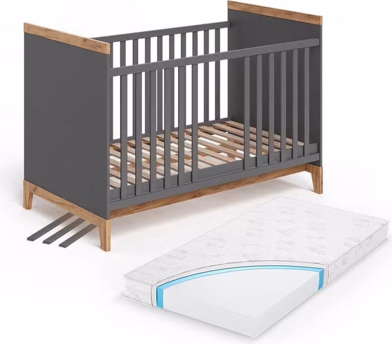 Vitalispa Malia Babybed Grijs/Kunstnijverheid inclusief matras, 70 x 140 cm