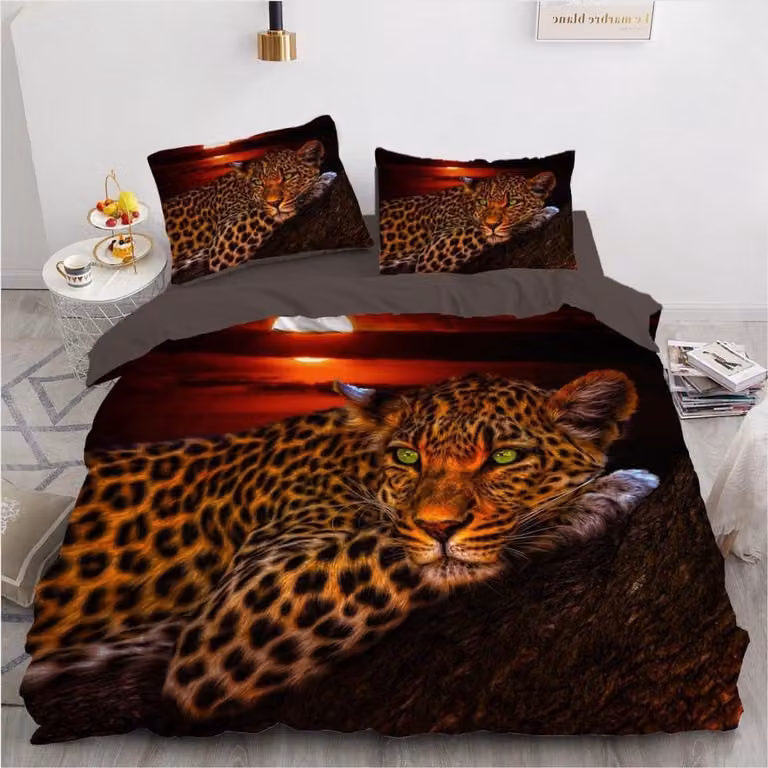 4-delige dekbedovertrek set met luipaardprint in goud zwart voor volwassenen, 135 x 200 cm met 2 kussenslopen van 80 x 80 cm