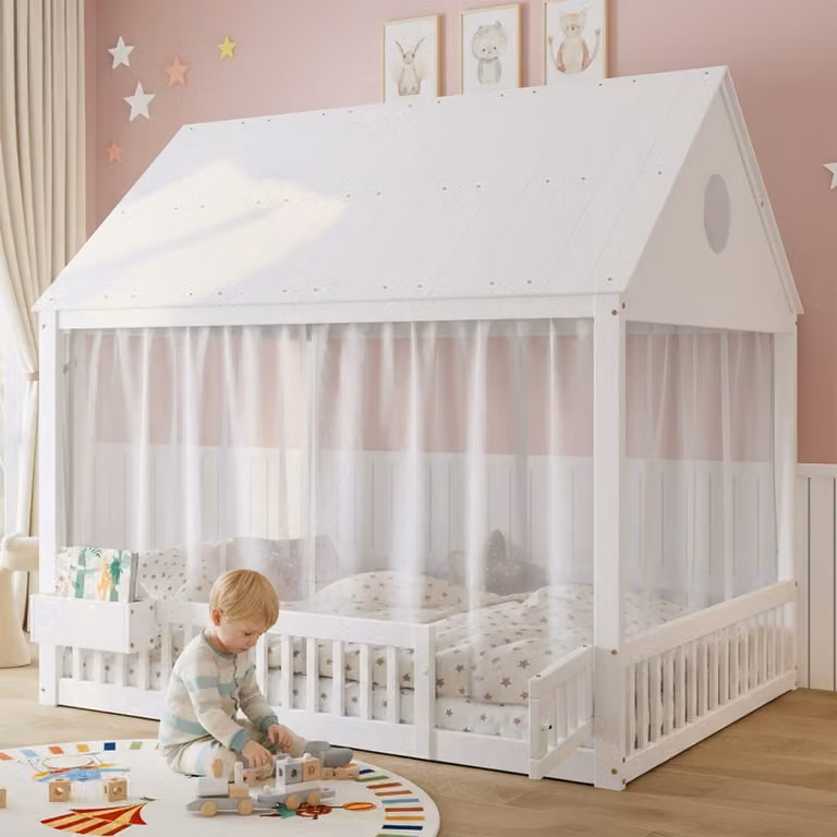 Wit kinderbed van massief hout met lattenbodem en opbergruimte, B/D/H: 140 x 200 cm