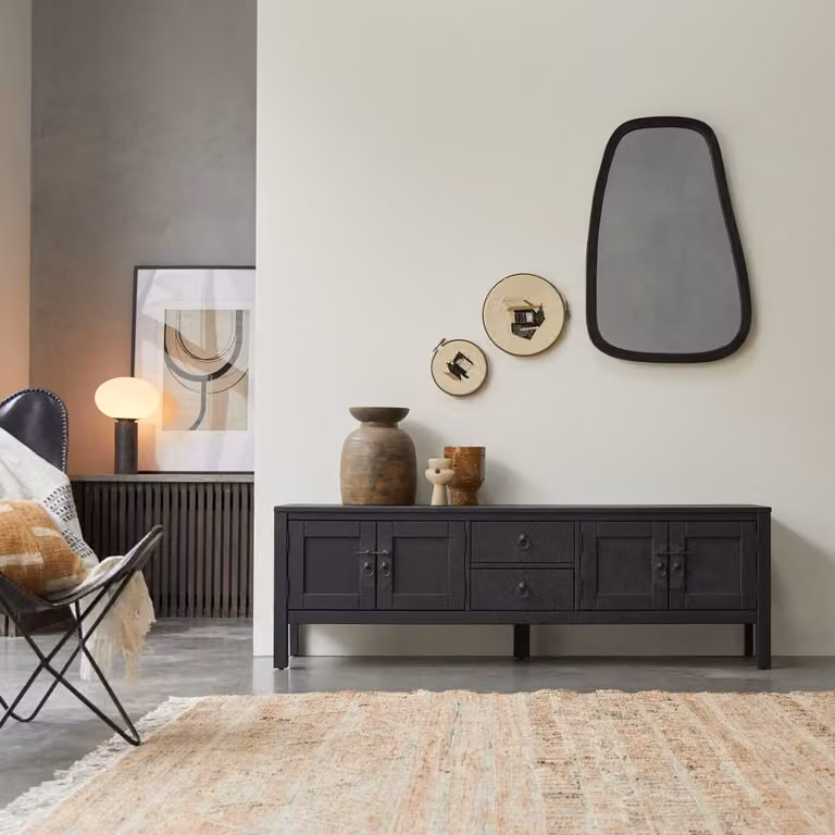 Tikamoon Thaki Black massief grenen tv-meubel - Zwart - B: 170 cm, D: 40 cm, H: 55 cm
