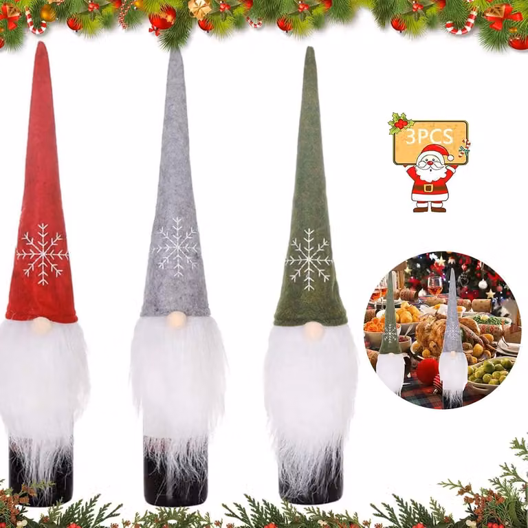 Set van 3 Kerst Wijnfleshoezen met Santa Hoed voor Feestelijke Tafelversiering
