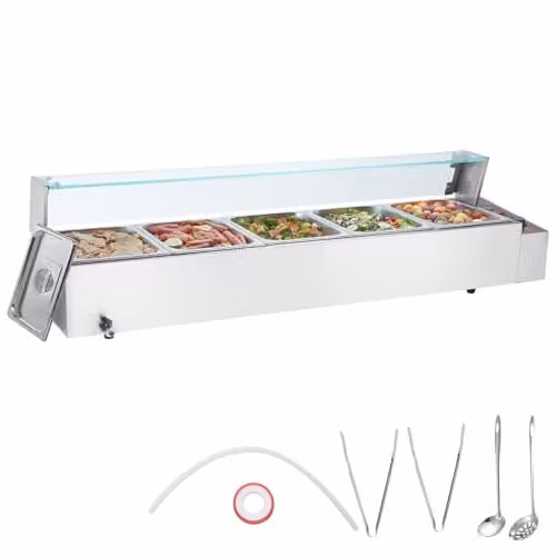 VEVOR Commerciële Voedselverwarmer met 5 pannen en glazen deksel, 1700 W, Zilver, B/D/H: 146,4 x 37,8 x 38,1 cm