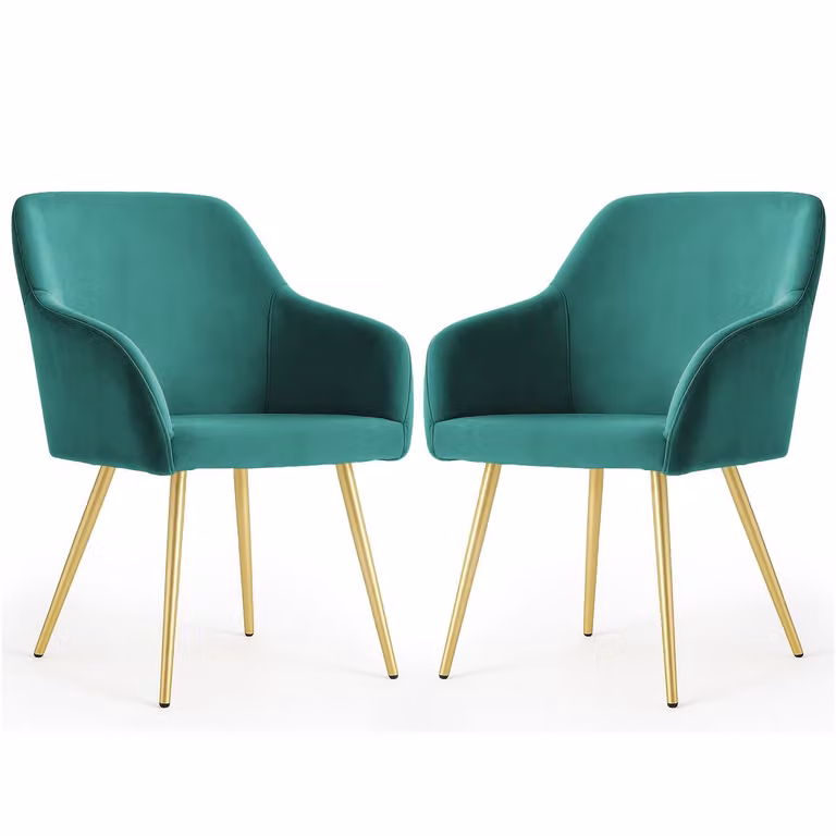 Set van 2 Estelle Eetkamerstoelen met Armleuningen, Fluwel, Flesgroen met Gouden Poten