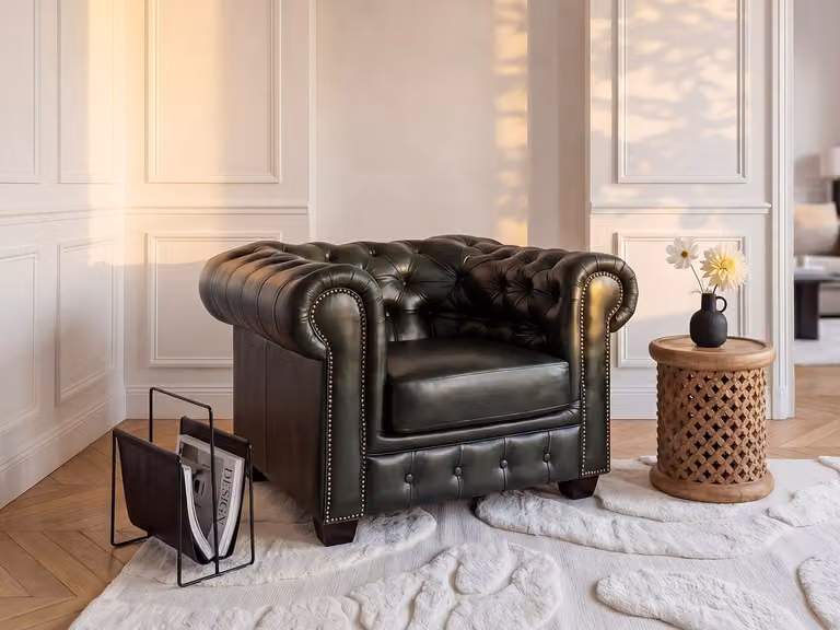 Vente-unique BRENTON Chesterfield fauteuil van 100% buffelleer in empire groen