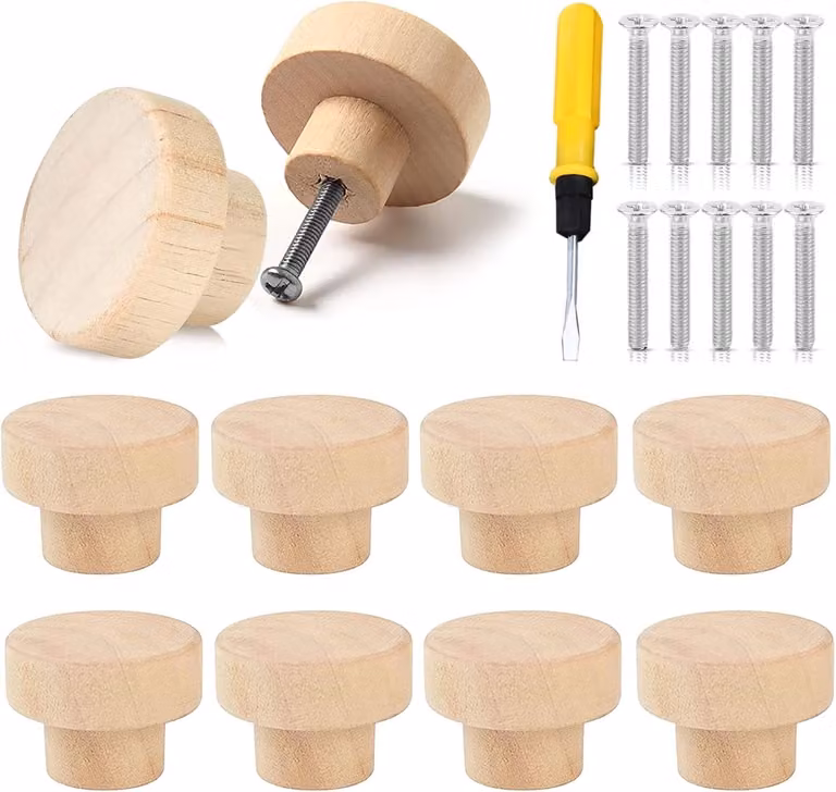 10 Stuks Houten Ladehandgrepen - Ronde Meubelknoppen voor Kasten en Lades met Schroeven, 33 x 25 mm