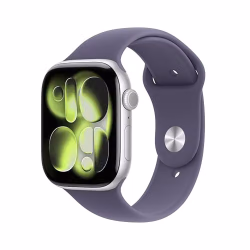 Apple Watch Series 11 GPS + Cellular 46 mm Smartwatch met zilverkleurige aluminium kast en zachtpaars sportbandje (M/L)