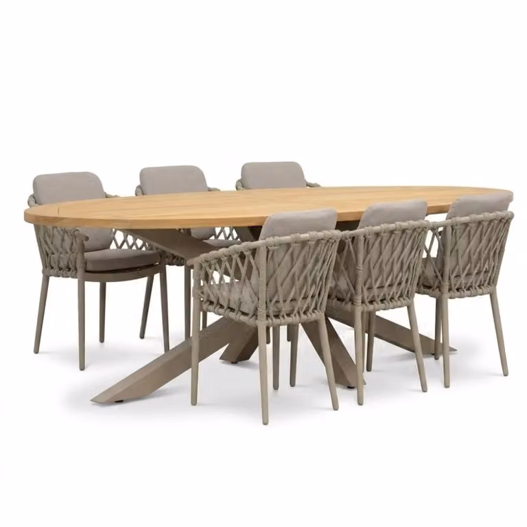 LUX outdoor living Cleve/Cleveland beige eettafelset voor 6 personen - Teakhout en aluminium - Ovaal 240 cm