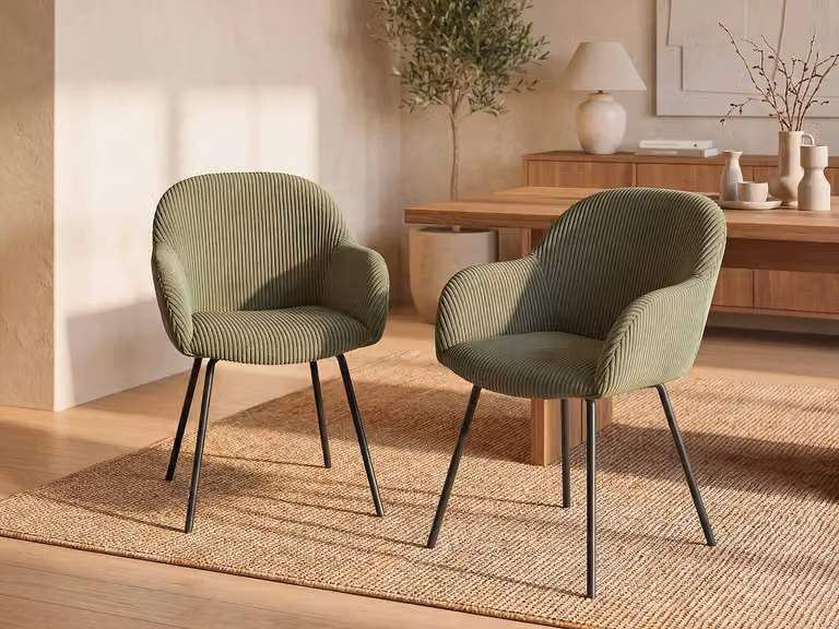 Set van 2 MARENZIA stoelen met armleuningen van kaki ribfluweel en zwart metaal