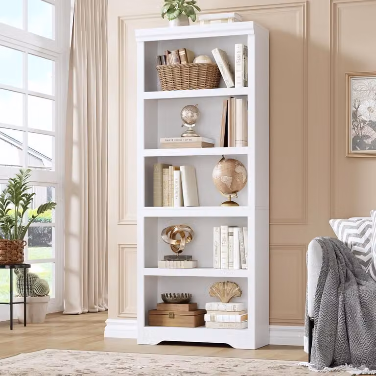 Hoge Boekenkast met 5 Verstelbare Planken en Achterwand - Witte Open Vakkenkast voor Woonkamer, Slaapkamer of Kantoor - Hoogte: 175 cm